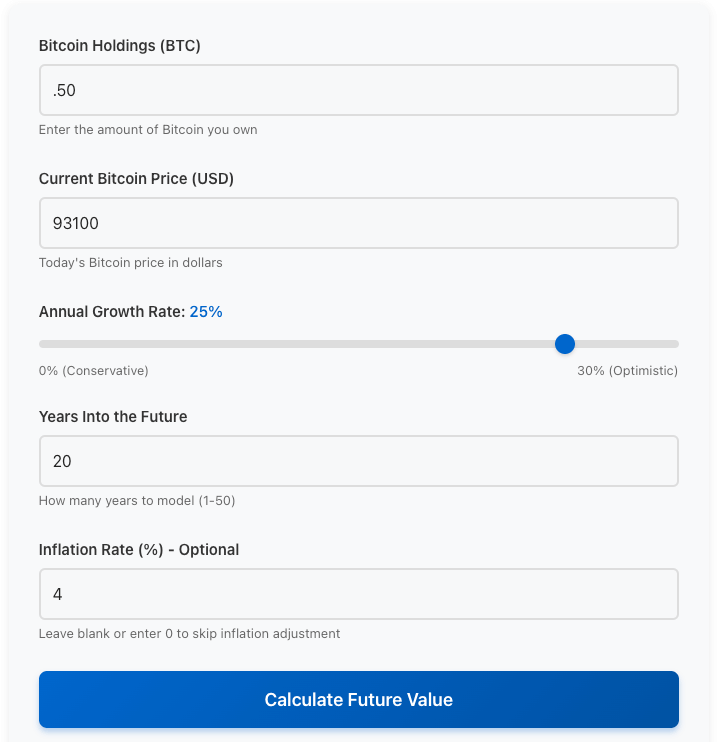 Bitcoin retirement calculator example showing future value projection